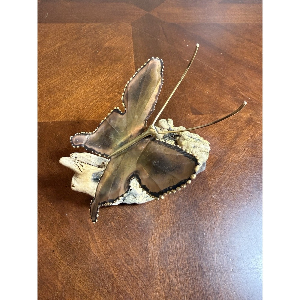 Vtg Metal Butterfly‎ Sculpture Driftwood Base Rustic Art Decor Copper Nature